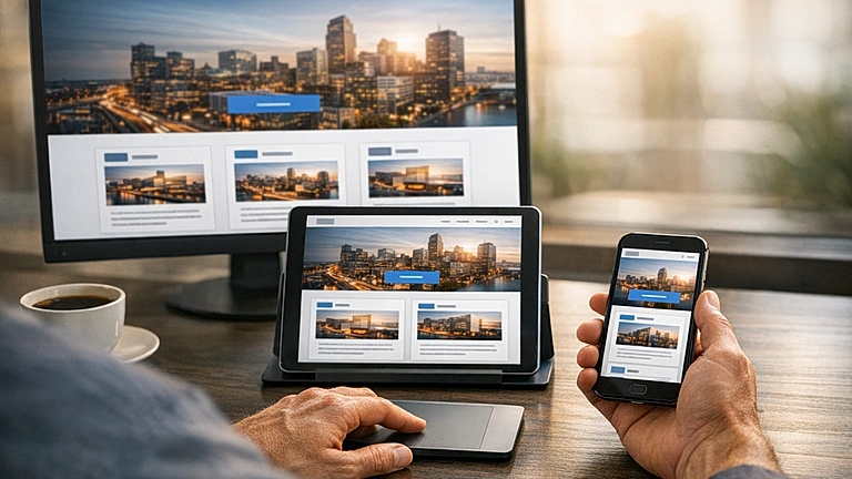 Responsive Webdesign Bedeutung – Website auf Smartphone, Tablet und Desktop dargestellt