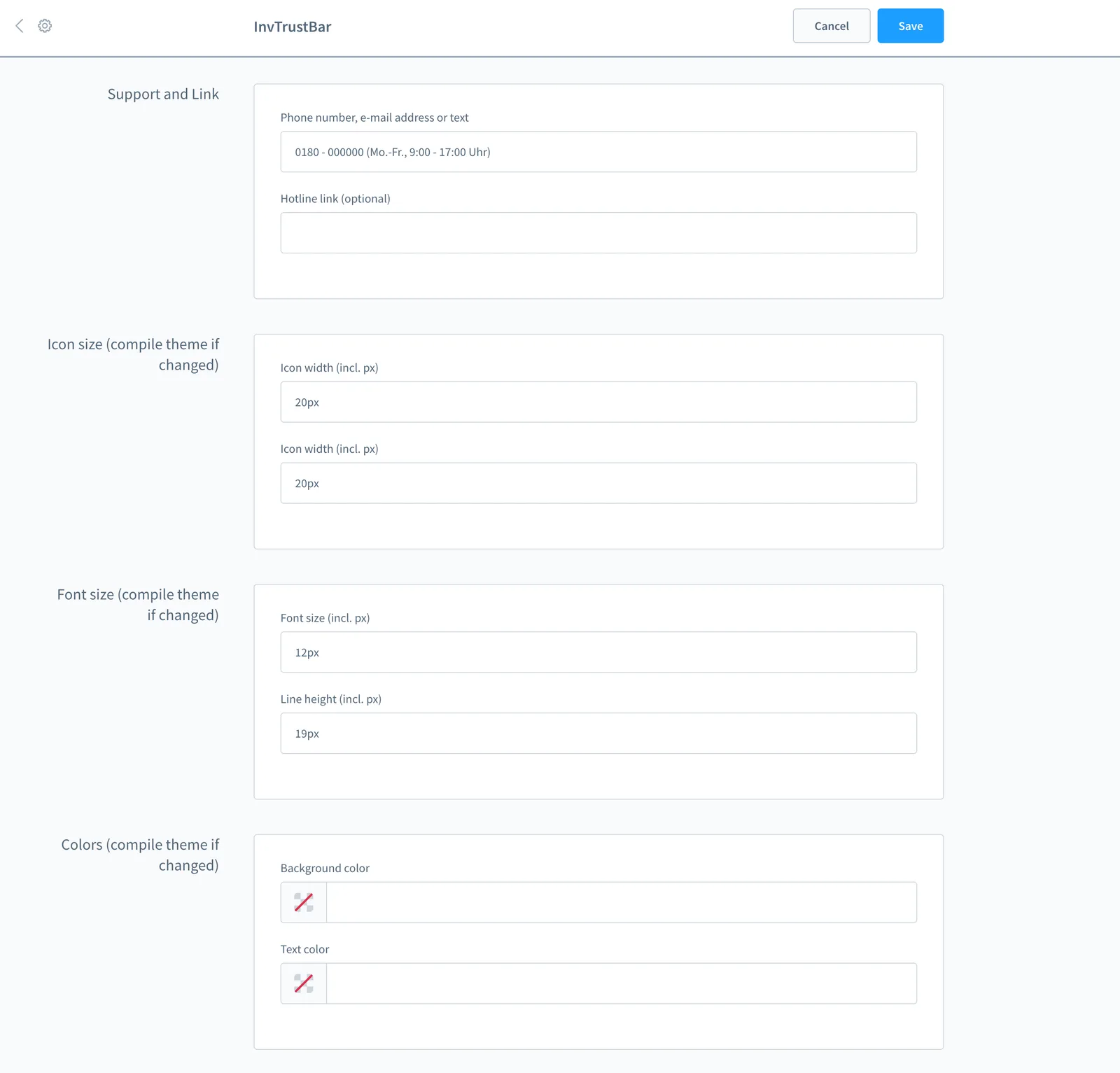 Konfiguration von InvTrustBar: Hotline, Icons, Icon-Größe, Schriftgröße und Farben