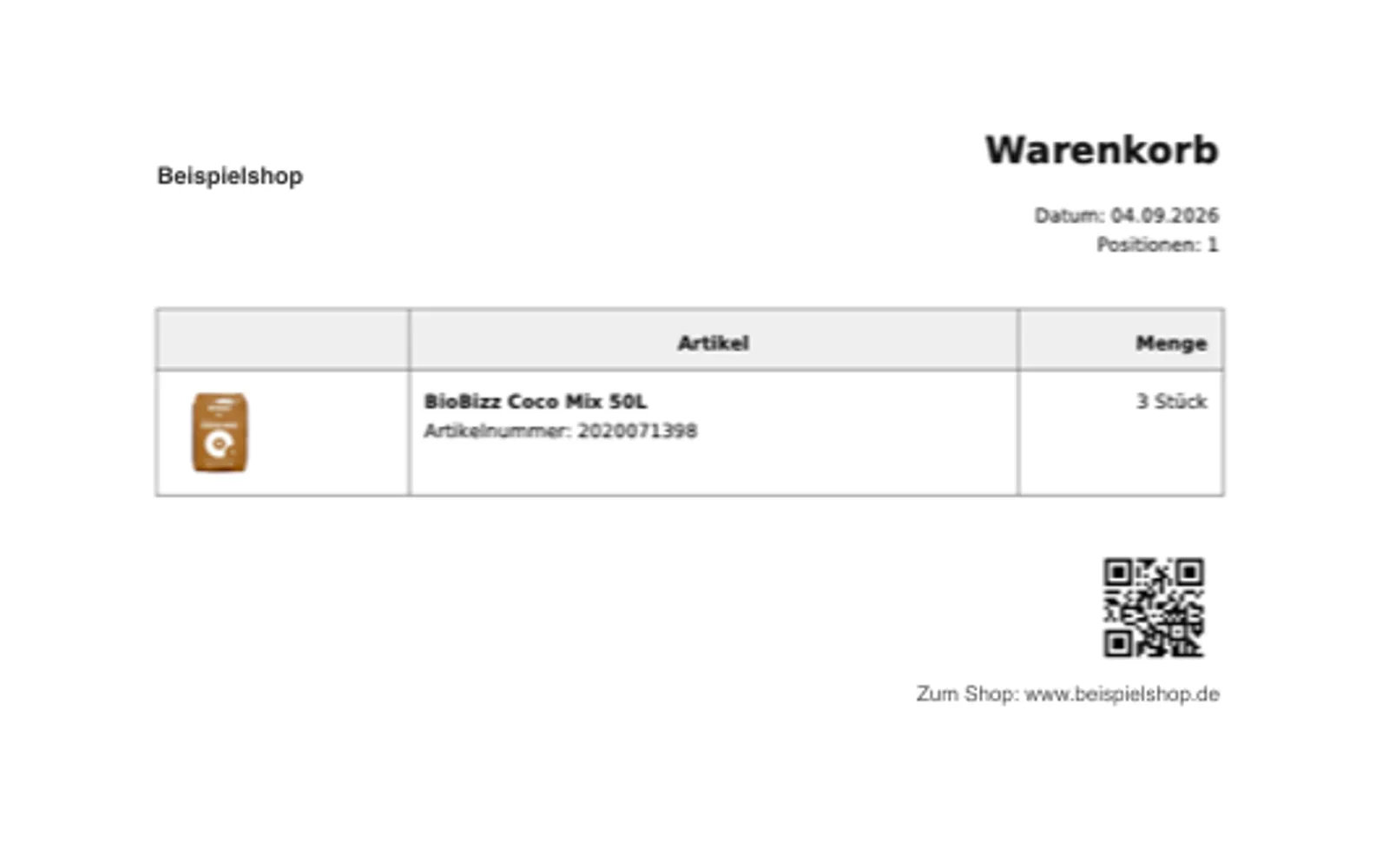 PDF-Ausgabe desselben Warenkorbs ohne Preise, nur mit Artikeln und Mengen