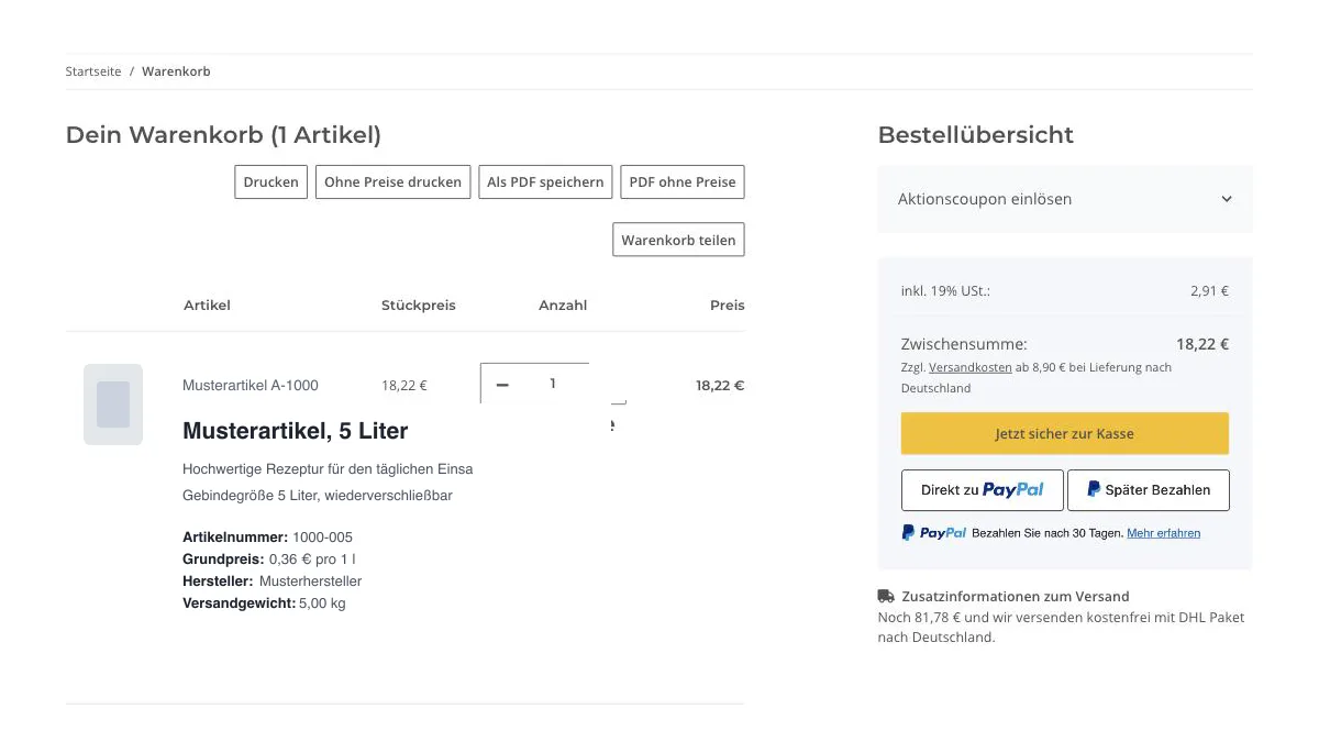 Warenkorb mit den Schaltflächen zum Drucken, zum Speichern als PDF und zum Teilen