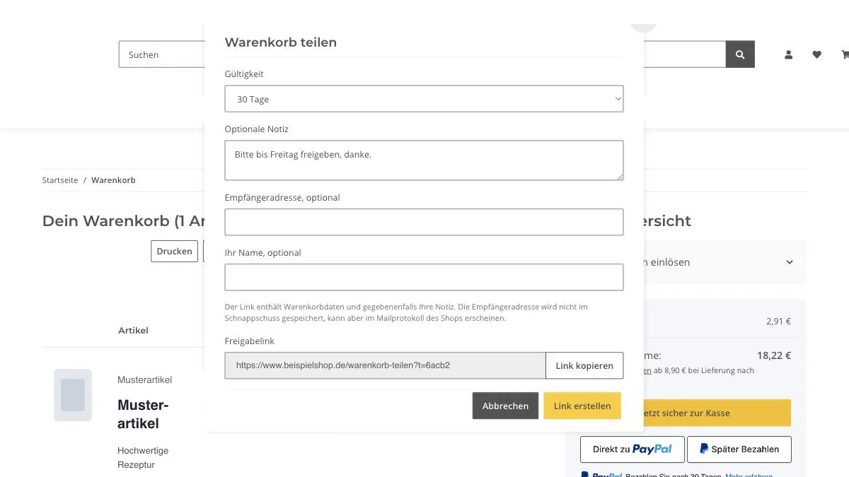 Dialog „Warenkorb teilen“ mit Gültigkeit, Notiz, Empfängeradresse und fertigem Freigabelink