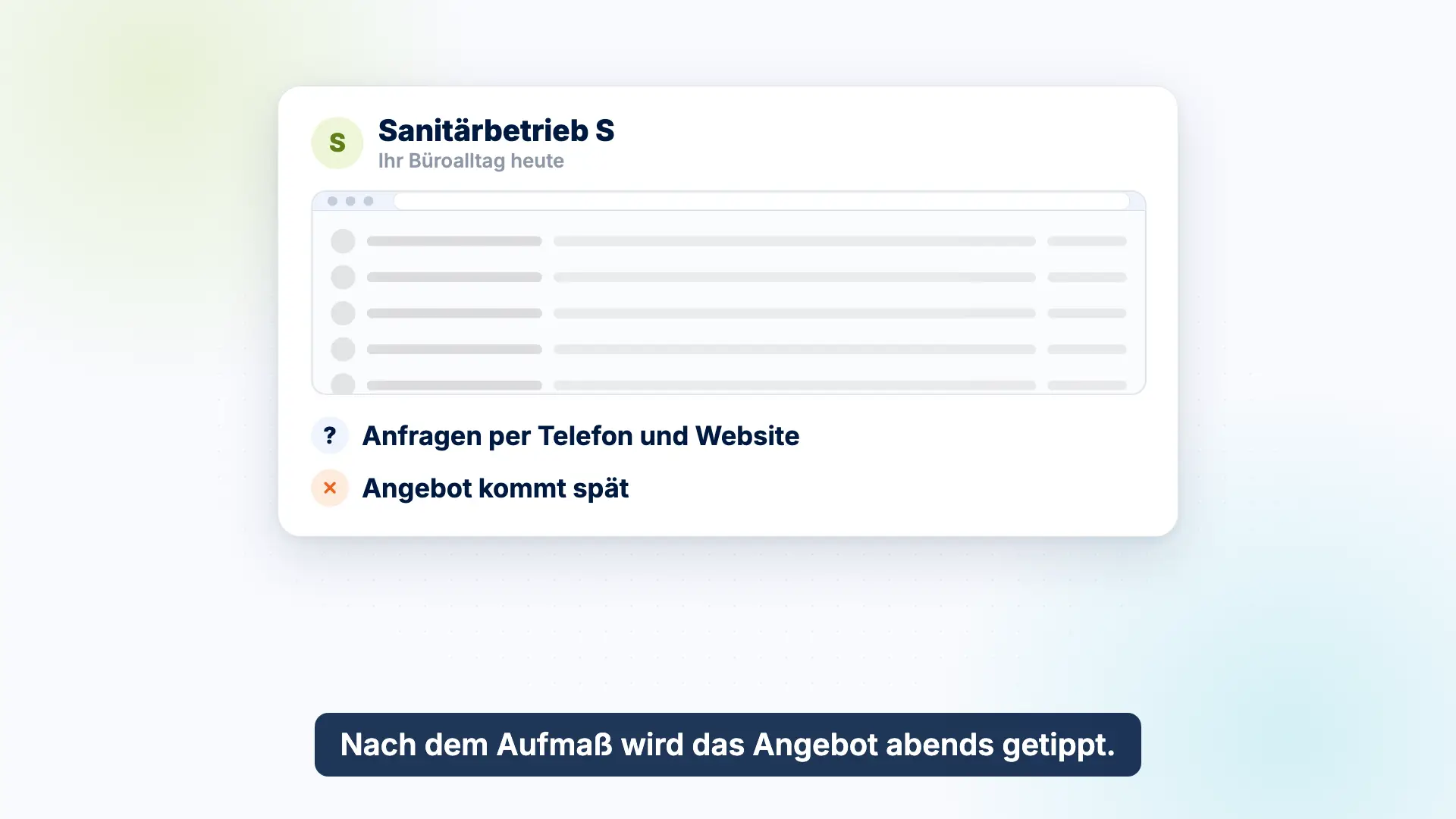 Vorschau des Erklärvideos: Ein Beispiel-Sanitärbetrieb bekommt Anfragen per Telefon und Website, nach dem Aufmaß wird das Angebot abends getippt.